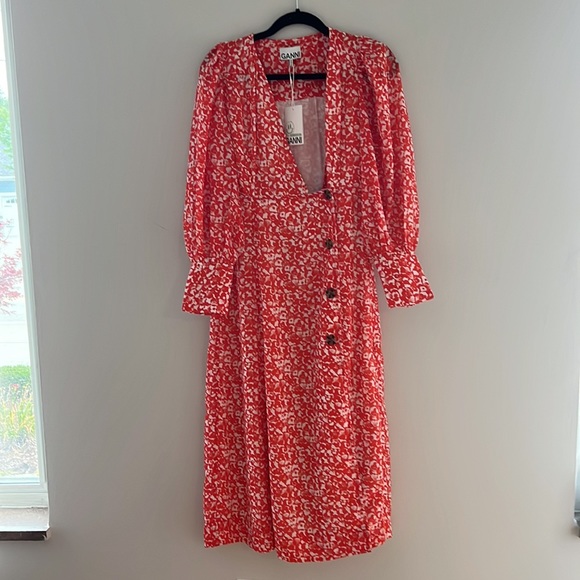 NWT GANNI Balloon-sleeve Floral-print Crepe Midi Dress - Picture 5 of 10